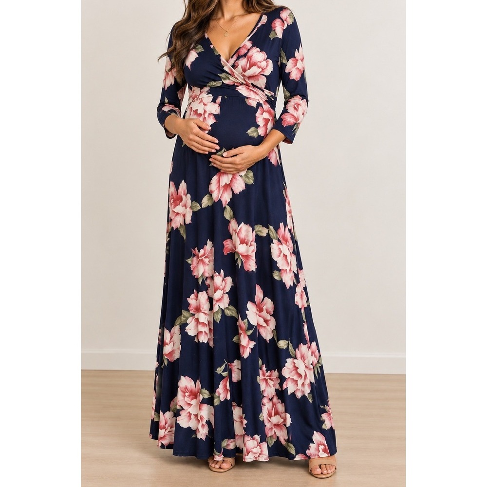 Hello Miz Womens Floral V Neck Maternity Maxi Dress Sz M Navy Blue Pink Bohemian